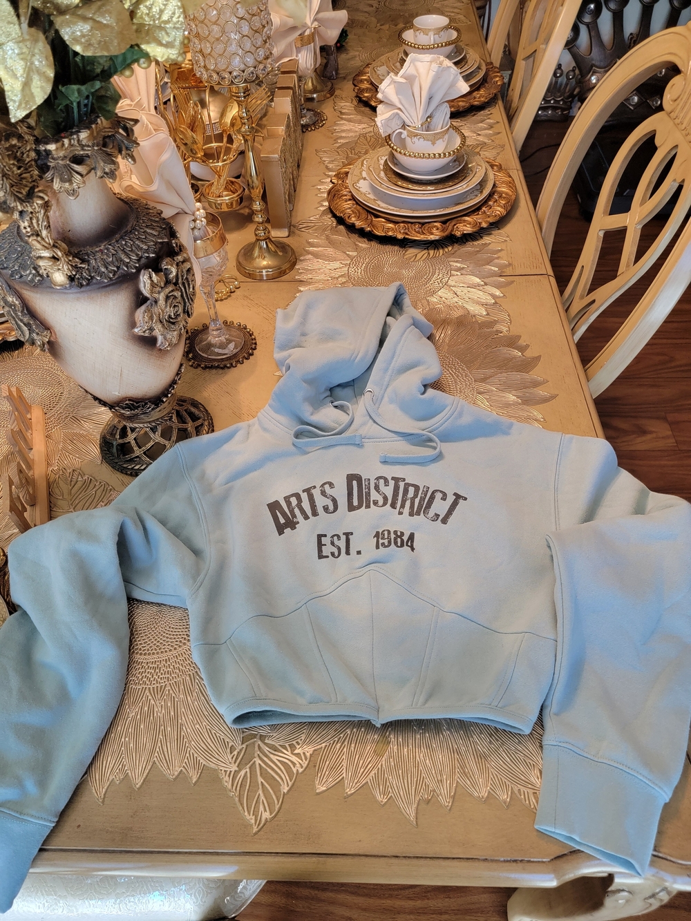 District Light Blue Cropped Hoodie Vest with 'Arts District' Graphic